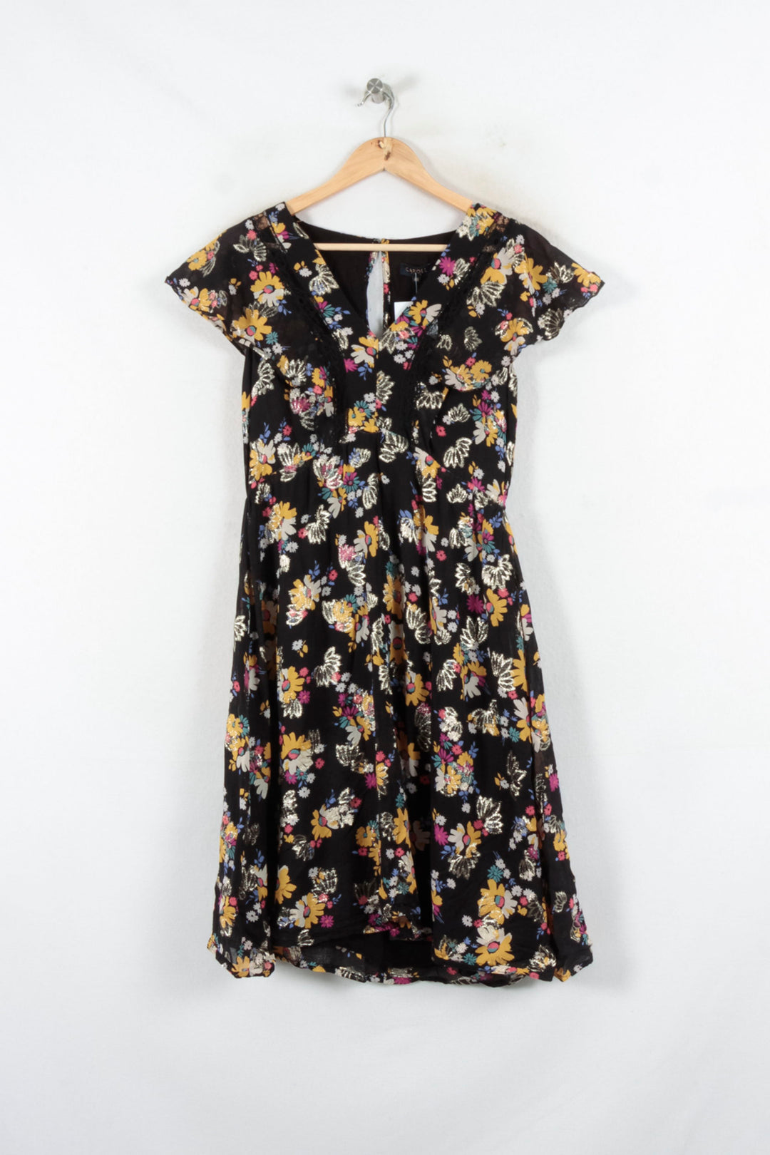 Robe Fleurie Noire et Jaune - Taille L/40 de la marque Caroll | PARAD82357 - Vendu par Paradigme - Image 2