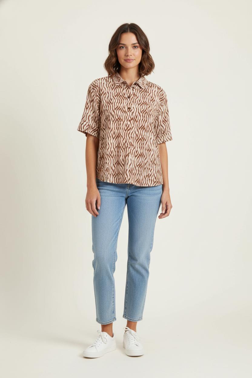 Chemise Manche Courte Beige et Marron - Taille M/38 de la marque Caroll | PARAD83767 - Vendu par Paradigme - Image 1