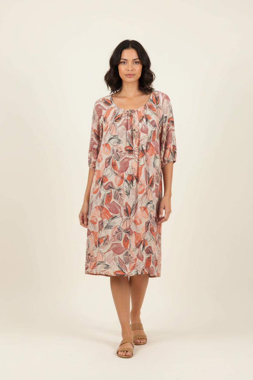 Robe Fleurie Rose et Beige - Taille M/38 de la marque La Fée Maraboutée | PARAD87354 - Vendu par Paradigme - Image 1