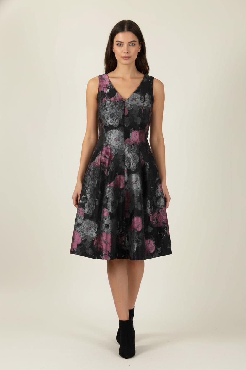 Robe Évasée Noire et Grise à Fleurs Roses - Taille S/36 de la marque Derhy | PARAD88415 - Vendu par Paradigme - Image 1