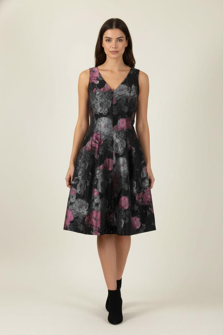 Robe Évasée Noire et Grise à Fleurs Roses - Taille S/36 de la marque Derhy | PARAD88415 - Vendu par Paradigme - Image 1