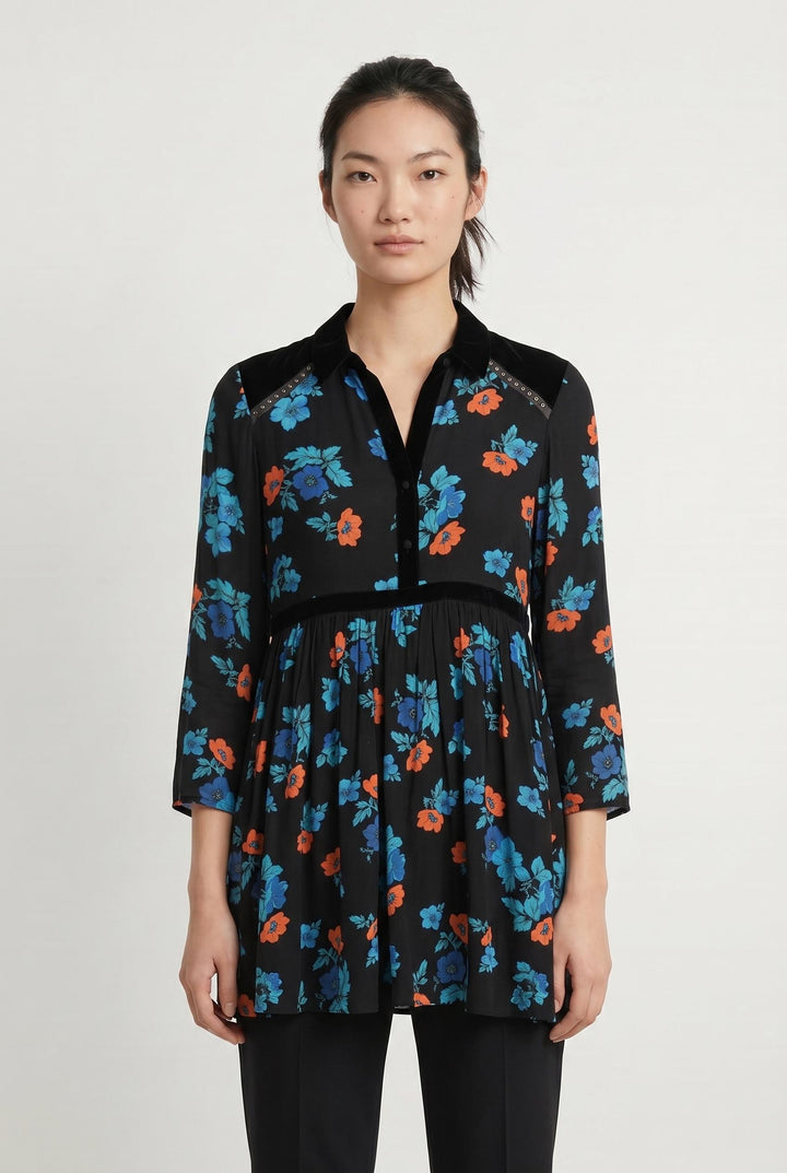 Blouse Noire à Fleurs Bleues et Rouges - Taille S/36 de la marque Maje | PARAD88696 - Vendu par Paradigme - Image 1