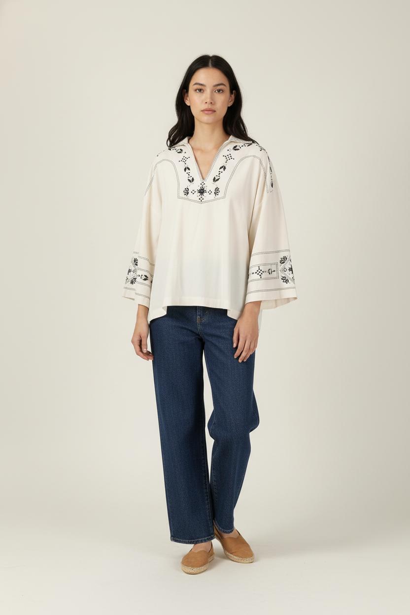 Blouse Brodée Beige et Noire - Taille L/40 de la marque Stella Forest | PARAD88705 - Vendu par Paradigme - Image 1