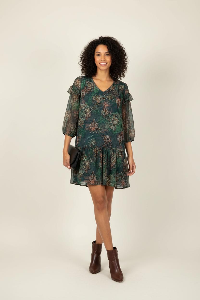 Robe Fleurie Verte et Marron - Taille S/36 de la marque One Step | PARAD88922 - Vendu par Paradigme - Image 1