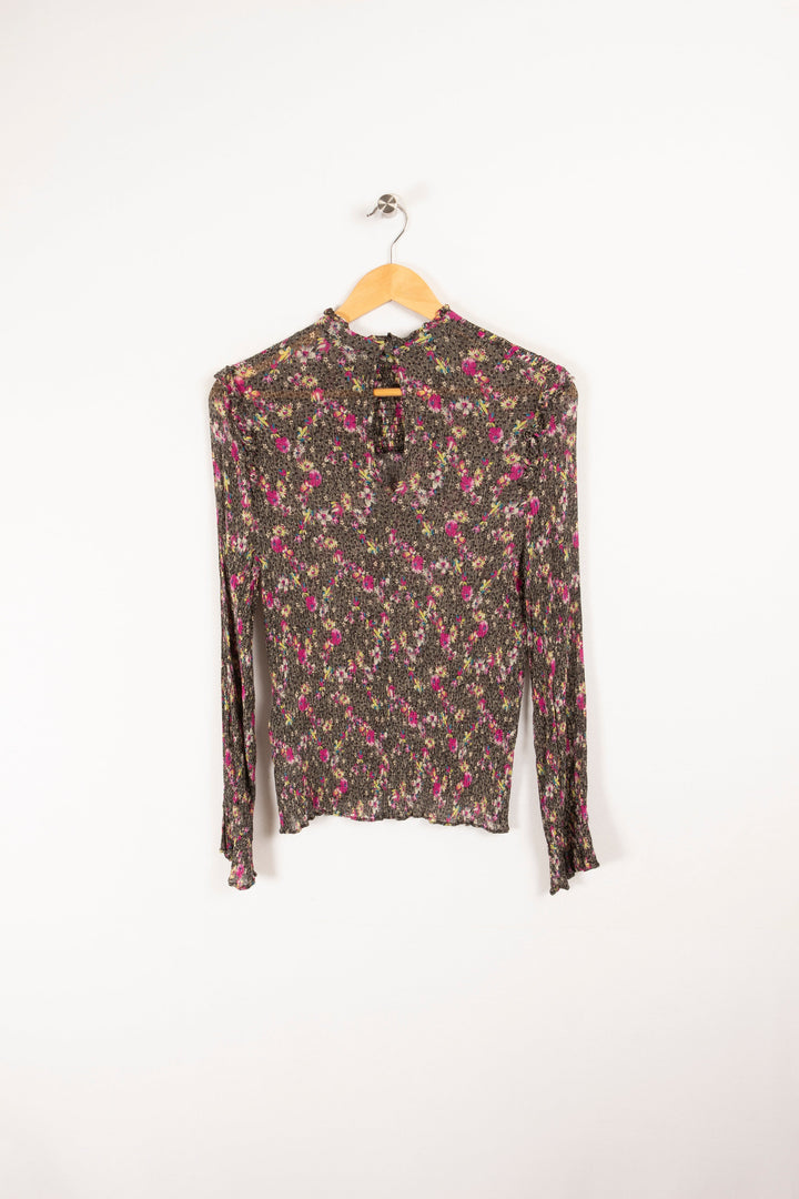 Graue und rosafarbene Bluse mit Blumenmuster – S / 36