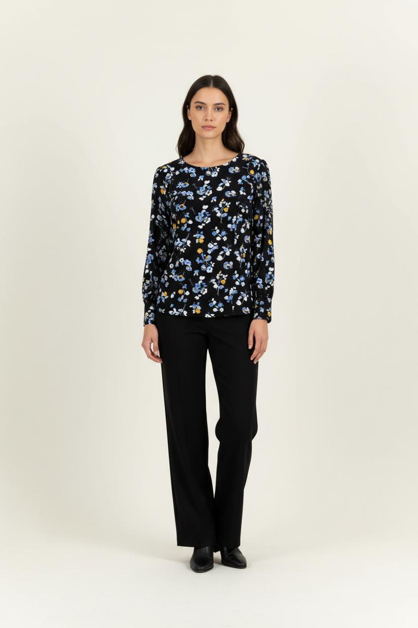 Blouse Noire à Fleurs Bleues et Blanches - Taille XL/42 de la marque Galeries Lafayette | PARAD91267 - Vendu par Paradigme - Image 1