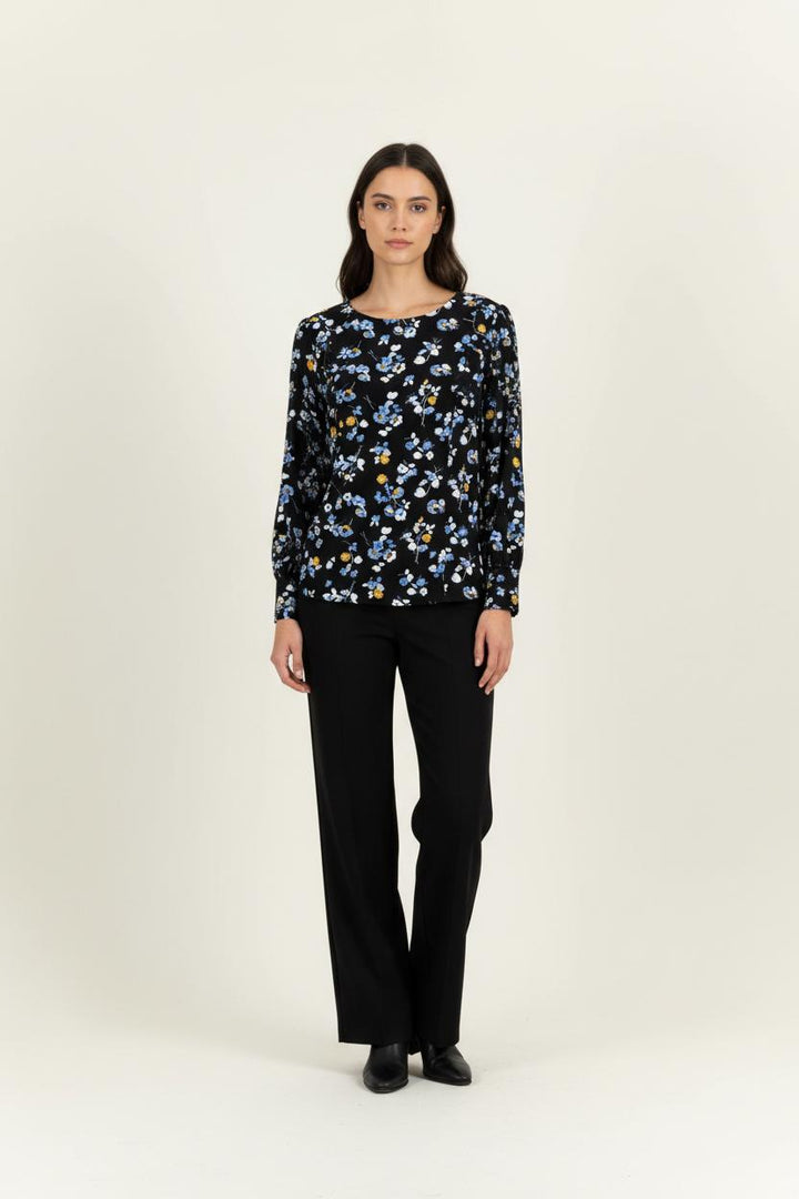 Blouse Noire à Fleurs Bleues et Blanches - Taille XL/42 de la marque Galeries Lafayette | PARAD91267 - Vendu par Paradigme - Image 1