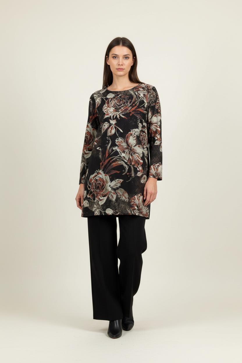 Robe Fleurie Noire et Beige - Taille L/40 de la marque La Fée Maraboutée | PARAD92173 - Vendu par Paradigme - Image 1