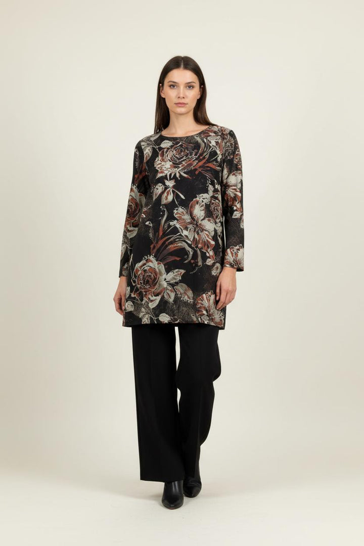 Robe Fleurie Noire et Beige - Taille L/40 de la marque La Fée Maraboutée | PARAD92173 - Vendu par Paradigme - Image 1