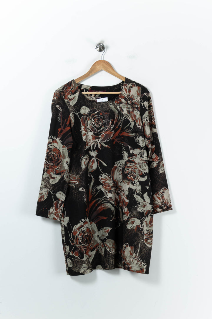 Robe Fleurie Noire et Beige - Taille L/40 de la marque La Fée Maraboutée | PARAD92173 - Vendu par Paradigme - Image 2