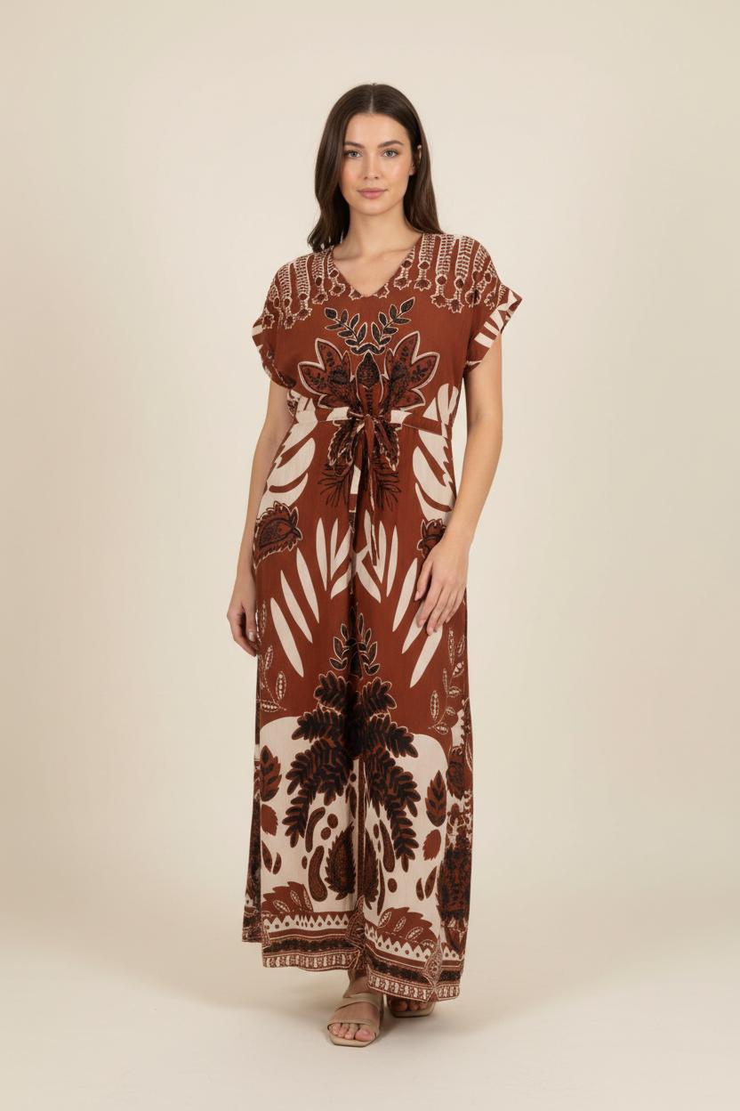Robe Longue Marron et Écru - Taille S/36 de la marque La Fée Maraboutée | PARAD92489 - Vendu par Paradigme - Image 1