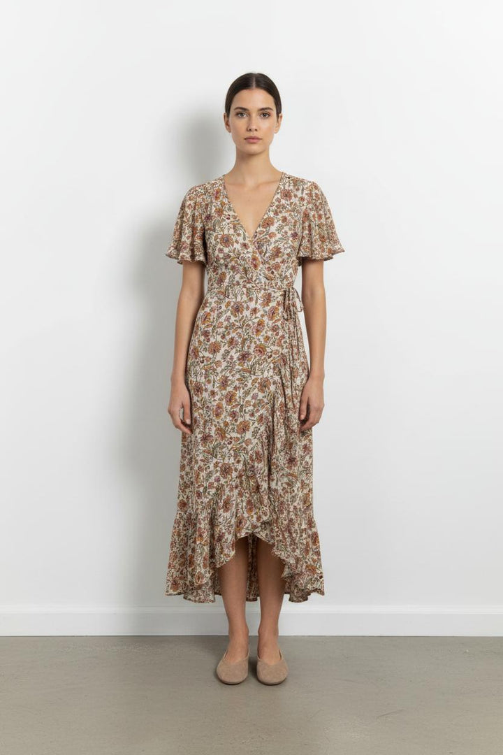 Robe Longue Fleurie Beige et Marron - Taille XS/34 de la marque Petite Mendigote | PARAD94338 - Vendu par Paradigme - Image 1