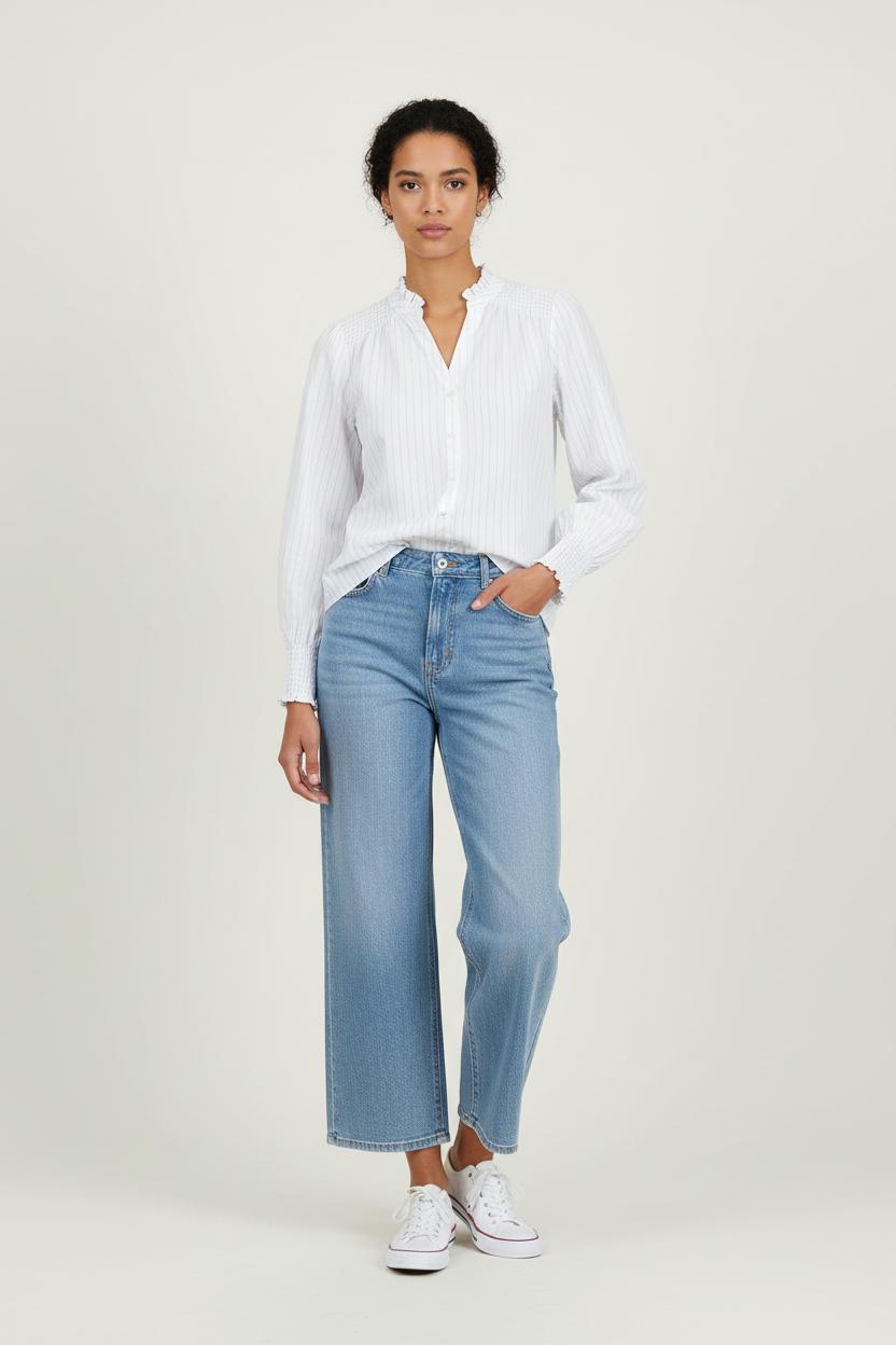 Blouse Blanche à Rayures Bleues - Taille M/38 de la marque Sud express | PARAD94994 - Vendu par Paradigme - Image 1