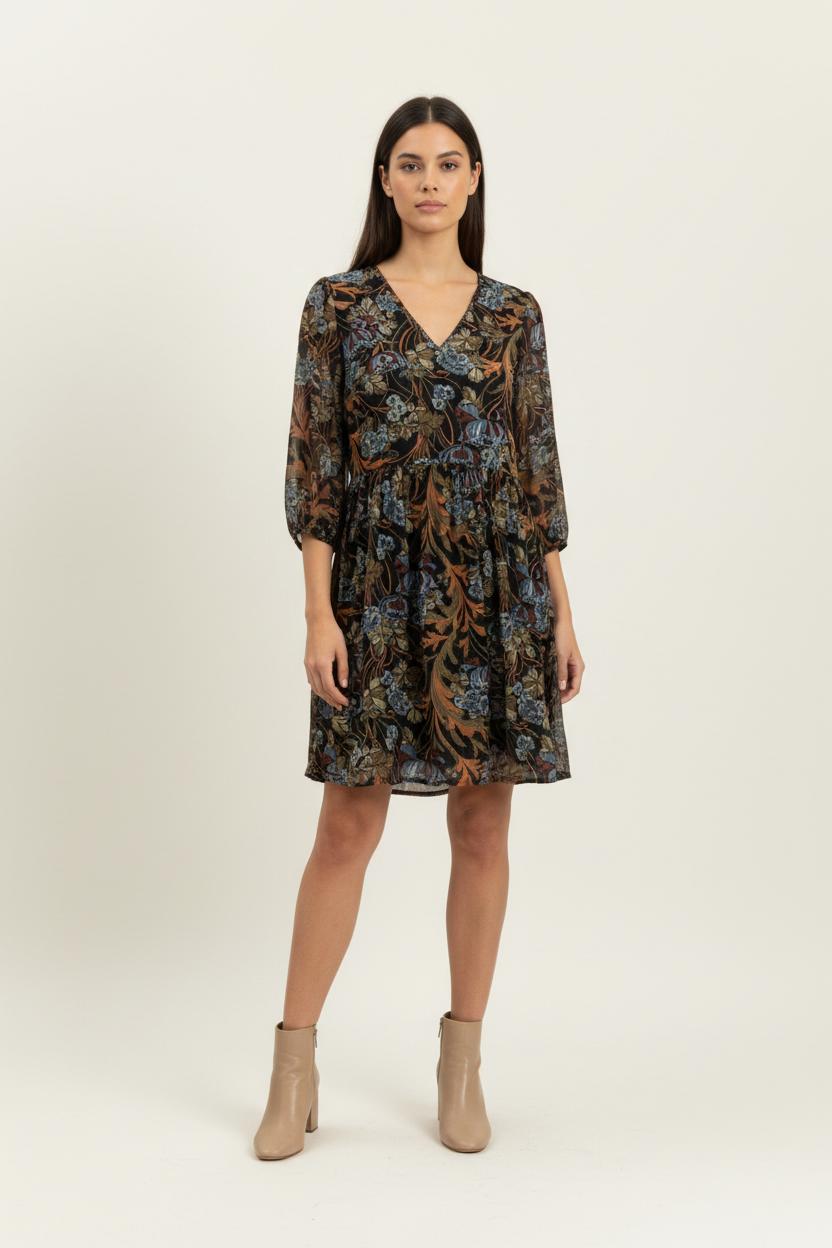 Robe Fleurie Marron et Bleu - Taille XL/42 de la marque La Fée Maraboutée | PARAD95397 - Vendu par Paradigme - Image 1