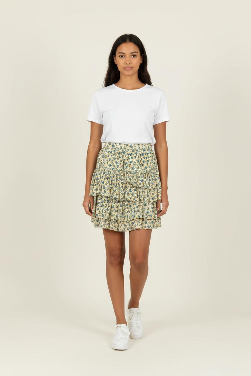 Jupe Volantée Beige à Fleurs Bleues - Taille XS/34