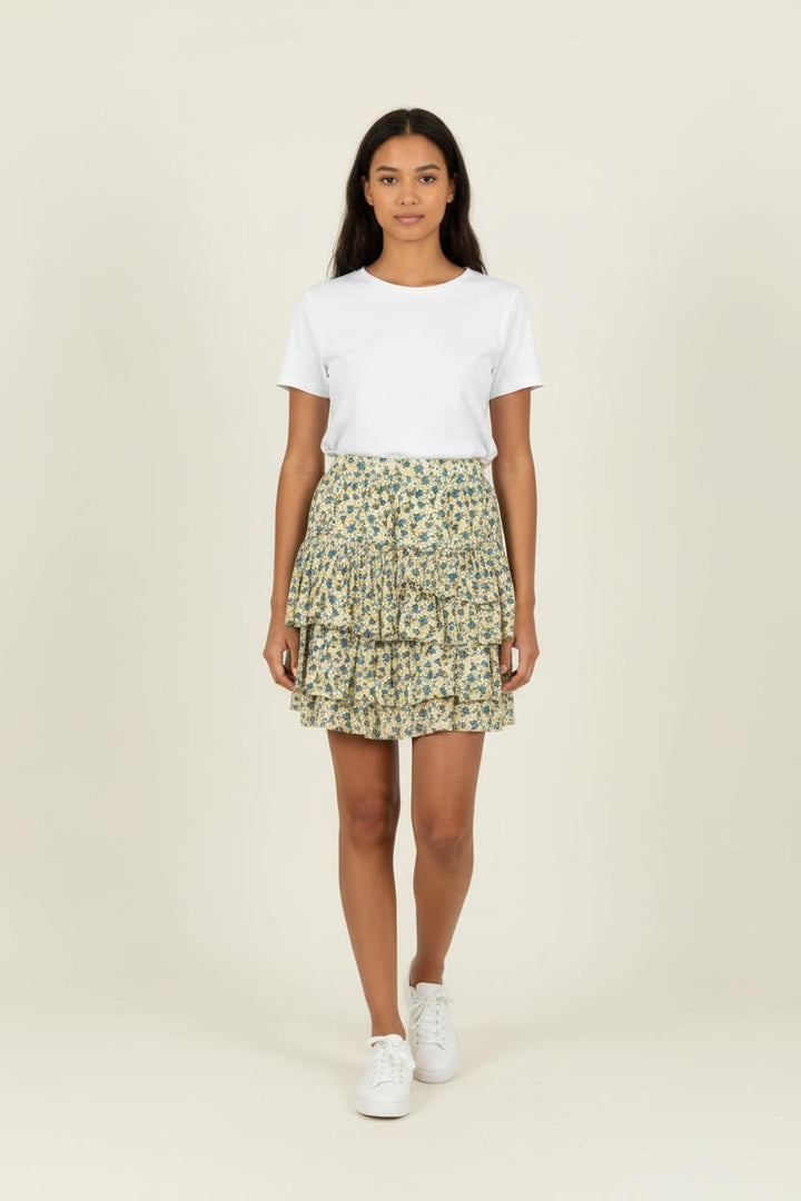 Jupe Volantée Beige à Fleurs Bleues - Taille XS/34