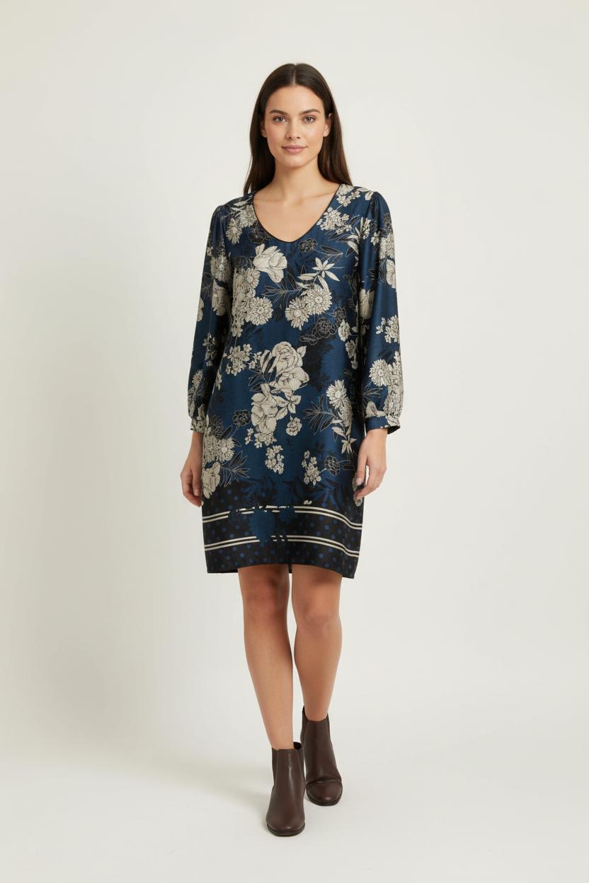 Robe Fleurie Bleue et Beige - Taille M/38 de la marque La Fée Maraboutée | PARAD97474 - Vendu par Paradigme - Image 1