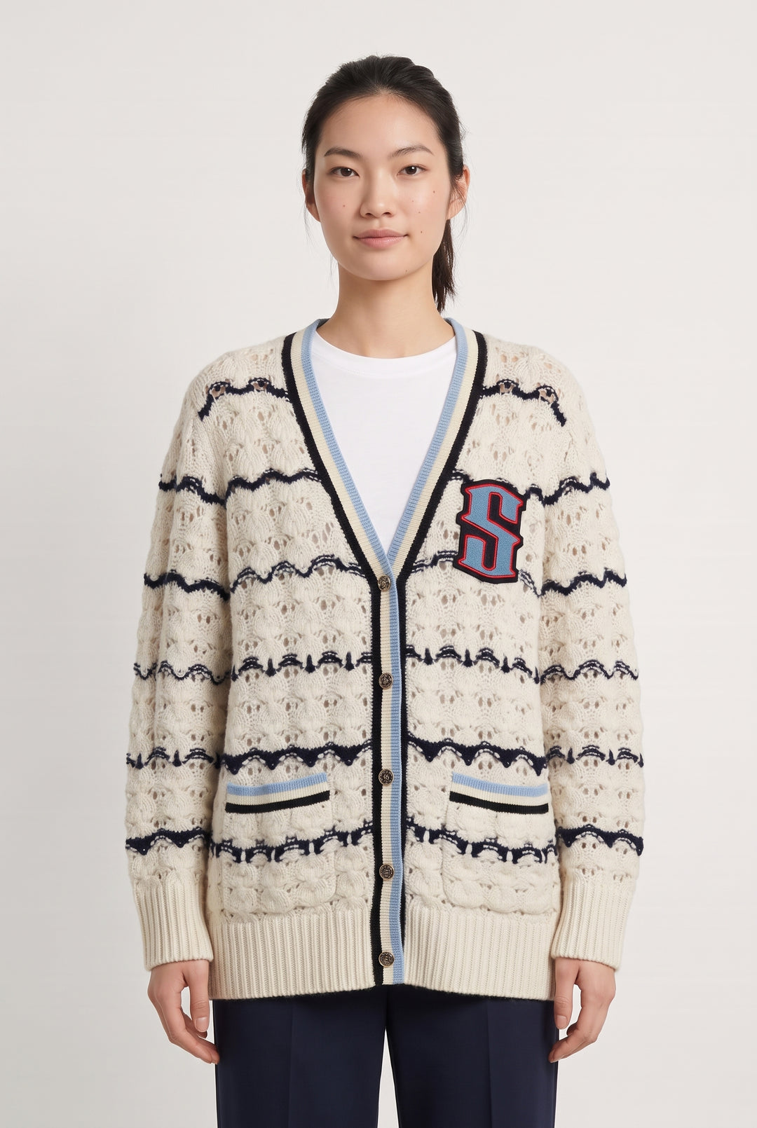 Cardigan Blanc et Bleu - Taille M/38 de la marque Sandro | PARAD99960 - Vendu par Paradigme - Image 1