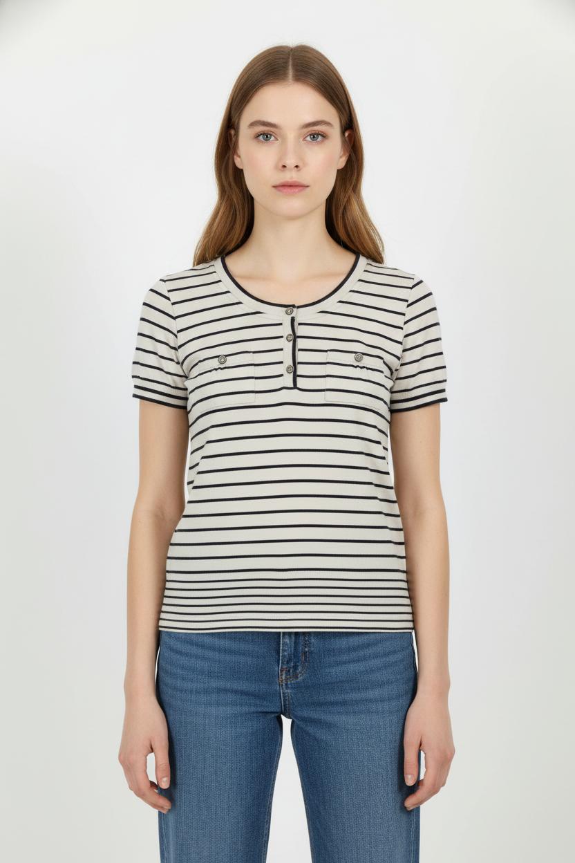 Tee-shirt rayé beige et noir - Taille L/40 de la marque Caroll | PLY0598 - Vendu par Paradigme - Image 1