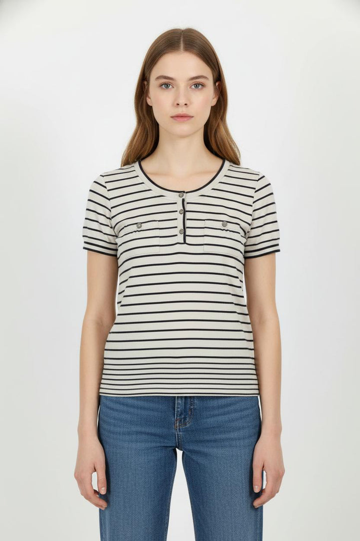 Tee-shirt rayé beige et noir - Taille L/40 de la marque Caroll | PLY0598 - Vendu par Paradigme - Image 1