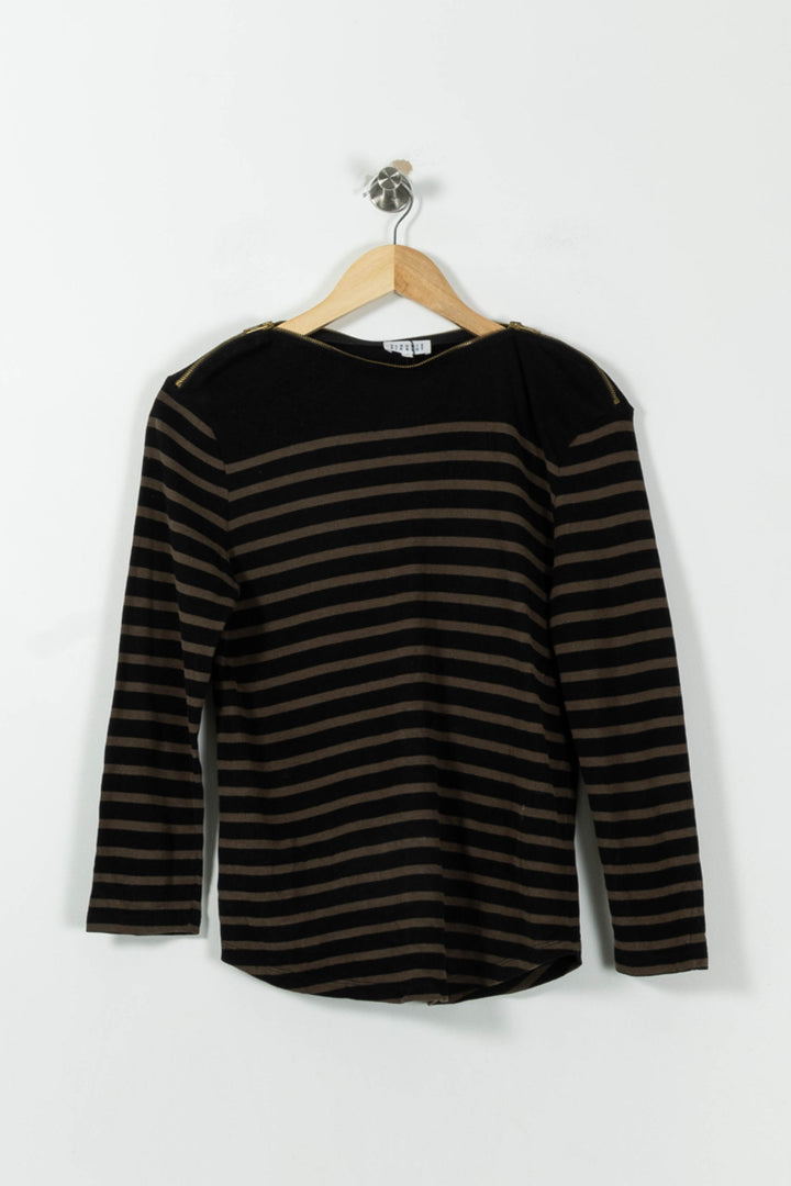 Marinière Noire et Kaki - Taille M/38 de la marque Claudie Pierlot | PLY0725 - Vendu par Paradigme - Image 2