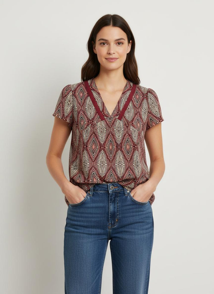 Blouse Bordeaux et Beige - Taille S/36