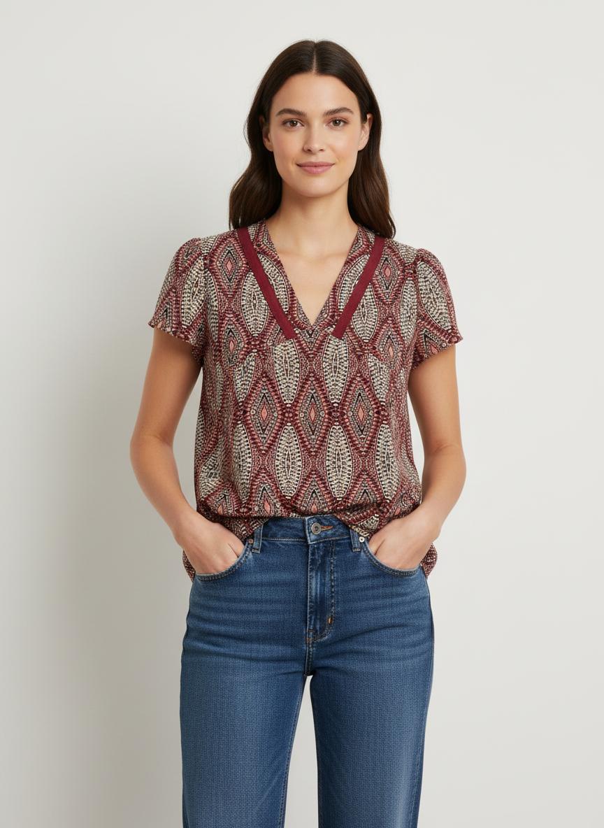 Blouse Bordeaux et Beige - Taille S/36
