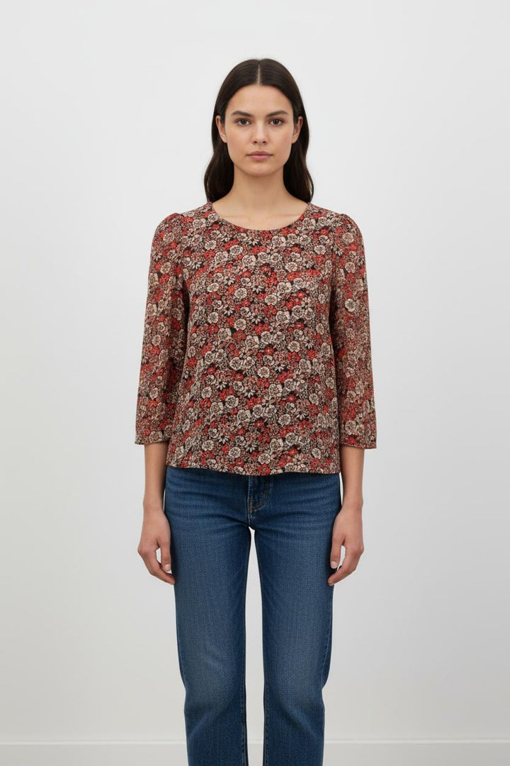 Blouse Fleurie Rouge et Beige - Taille S/36