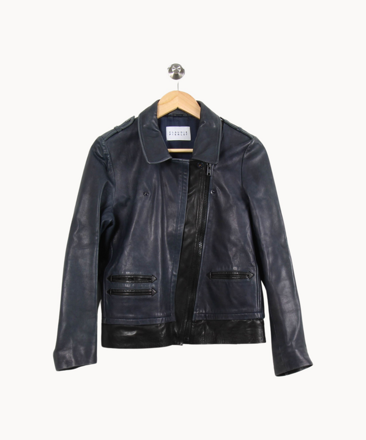 Blouson en cuir Bleu et Noir - Taille M/38 de la marque Claudie Pierlot | PARAD53081 - Vendu par Paradigme - Image 2