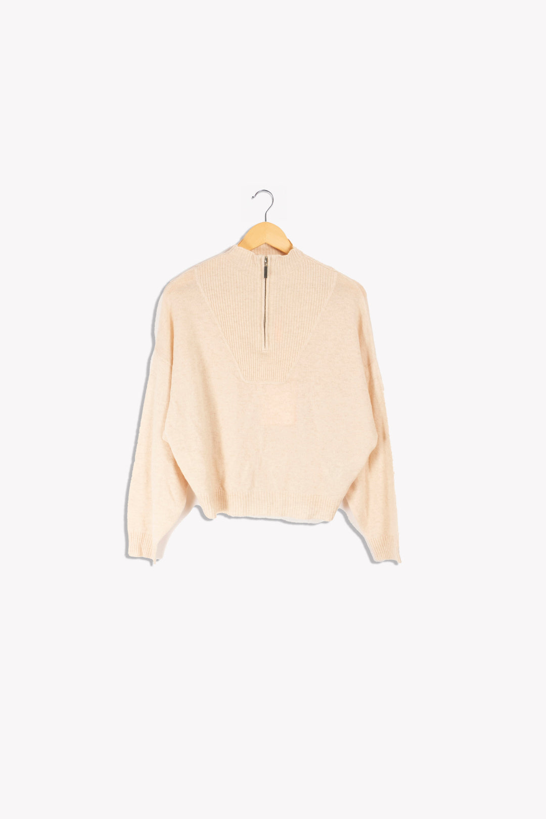 Beigefarbener Pullover mit Reißverschlusskragen – M